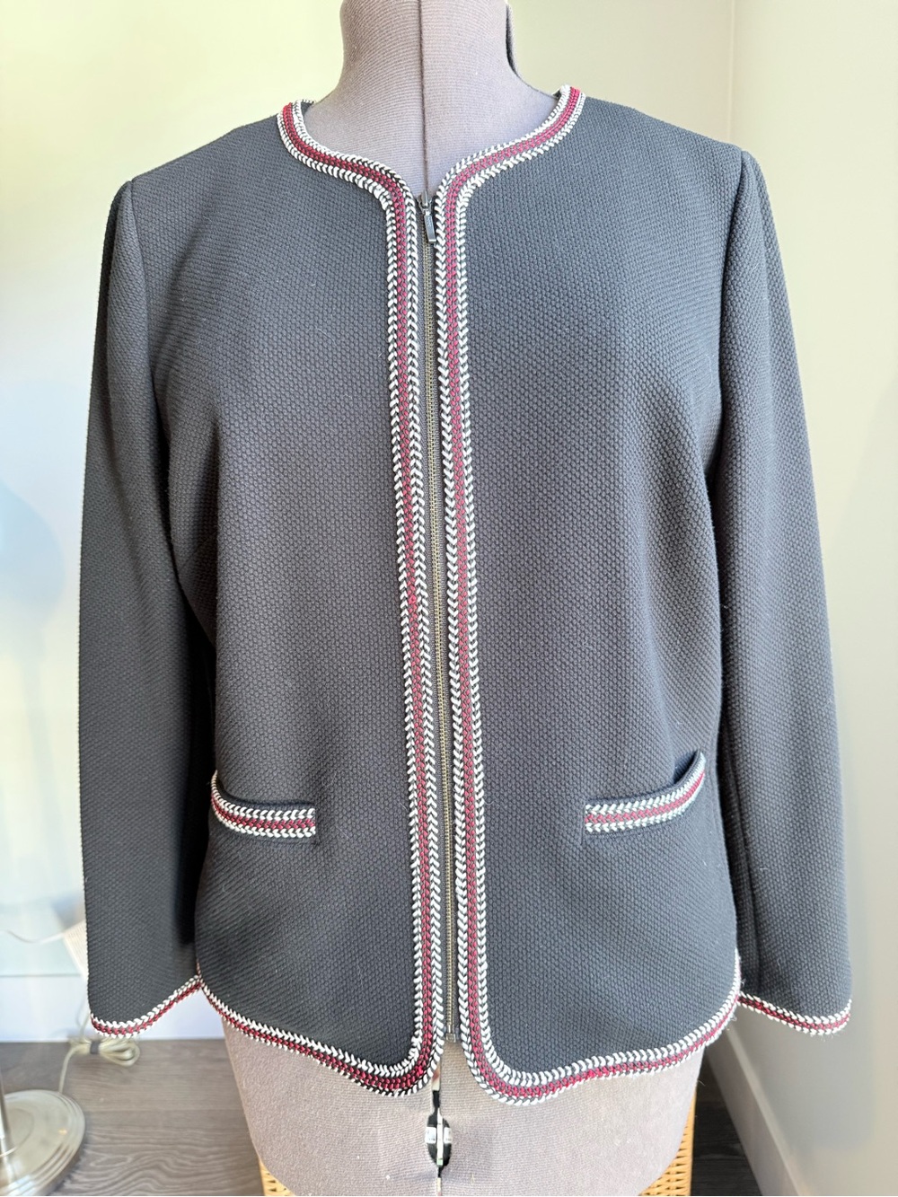 Anne Klein Black Zippered Blazer/Cardigan with Red and White Braid Trim